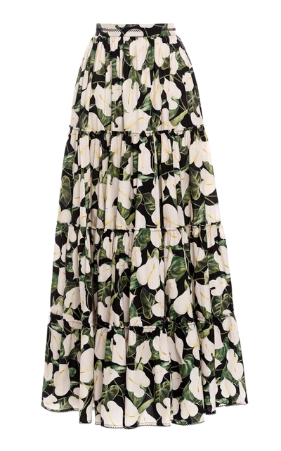 Agua By Agua Bendita Macadamia Tiered Floral-print Cotton-poplin Maxi Skirt In Black