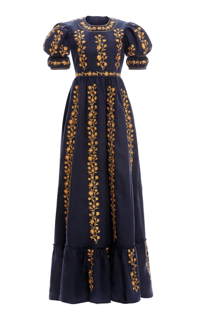 Agua By Agua Bendita Amapola Embroidered Open Back Cotton Poplin Maxi Dress In Navy