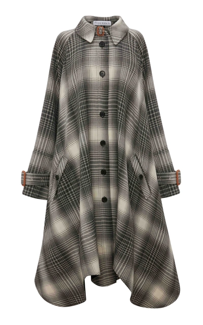 Jw Anderson Oversized Plaid Wool Flannel Trench Coat In Black/white