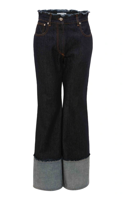 Jw Anderson Frayed Rigid High-rise Flared-leg Jeans In Dark Wash