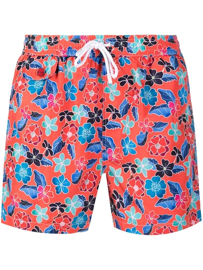 Kiton Red Swimsuit With Blue Floral Fantasy In Fantasia Arancio