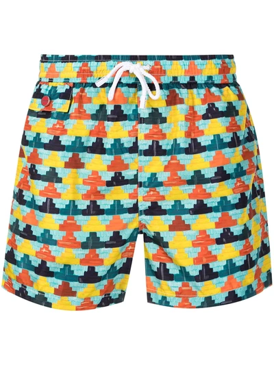 Kiton Man Light Blue Swimsuit With Multicolored Pattern In Green