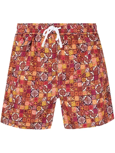 Kiton Red And Orange Man Swimsuit With Tile Pattern In Yellow