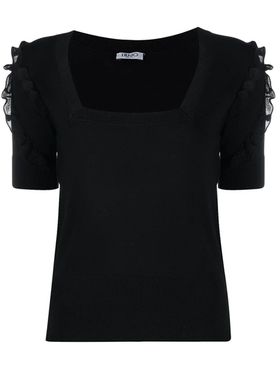 Liu •jo Ruffle-detailed Short-sleeved Knitted Top In Black