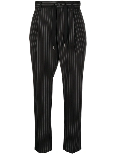 Dolce & Gabbana Slim-fit Cropped Tapered Pinstriped Wool Drawstring Trousers In Black