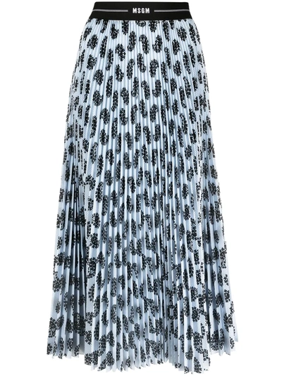 Msgm Pleated Graphic-print Midi Skirt In Blue