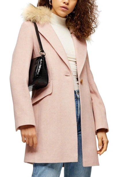 Topshop Monica Faux Fur Collar Coat In Pink