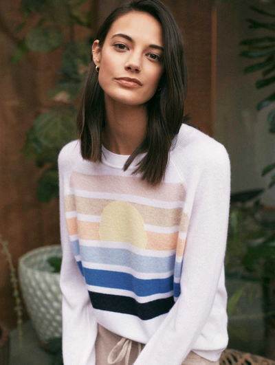 White + Warren Cashmere Horizon Intarsia Sweatshirt In White Horizon