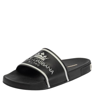 Pre-owned Dolce & Gabbana Black Leather Crown Logo Slip On Slides Size 43