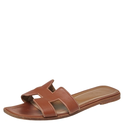 Pre-owned Hermes Tan Leather Oran Sandals Size 39.5