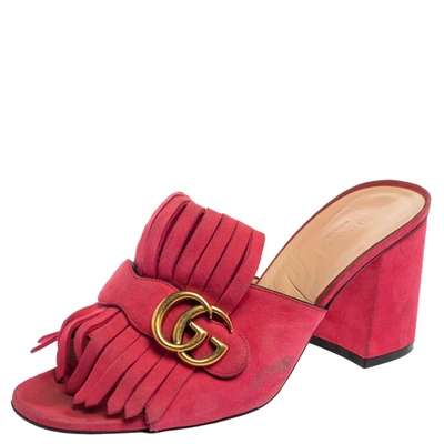 Pre-owned Gucci Pink Suede Leather Gg Marmont Fringe Detail Open Toe Sandals Size 40