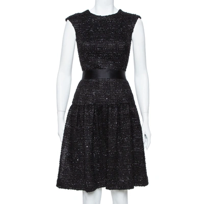 Pre-owned Ch Carolina Herrera Black Sequin Embellished Lurex Belted Midi Dress S