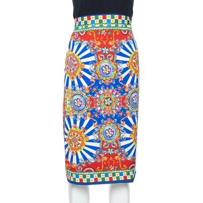 Pre-owned Dolce & Gabbana Multicolor Carretto Siciliano Print Silk Pencil Skirt L