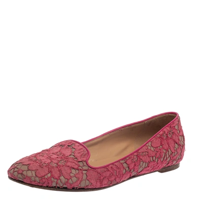 Pre-owned Valentino Garavani Pink Floral Lace Smoking Slippers Size 39