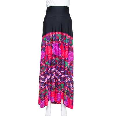 Pre-owned Roberto Cavalli Black Floral Printed Knit Maxi High Waist Skirt L