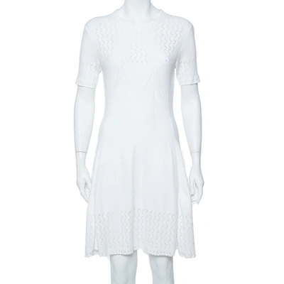 Pre-owned Kenzo White Perforated Knit Fit & Flare Dress L
