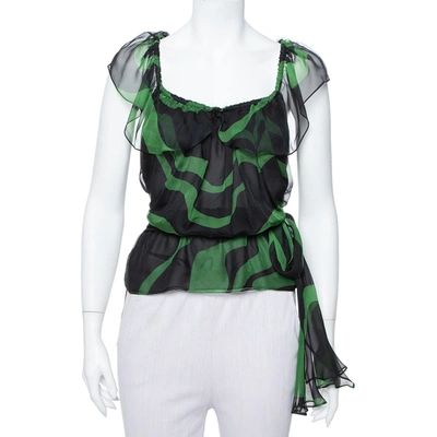 Pre-owned Saint Laurent Rive Gauche Black & Green Silk Tie Detail Ruffled Top S