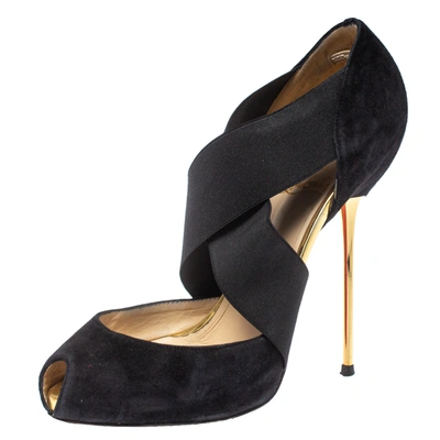 Pre-owned Christian Louboutin Black Suede And Elastic Cross Strap Peep Toe Sandals Size 38