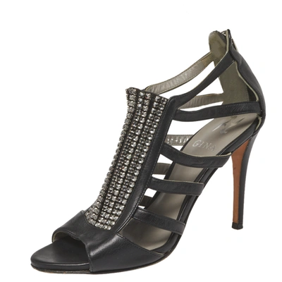 Pre-owned Gina Black Leather Crystal Embellished Sandals Size 37.5