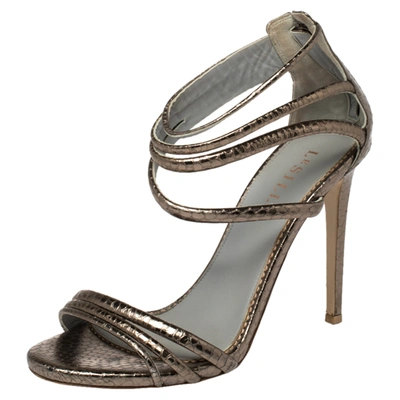 Pre-owned Le Silla Metallic Python Embossed Leather Ankle Strap Sandals Size 38
