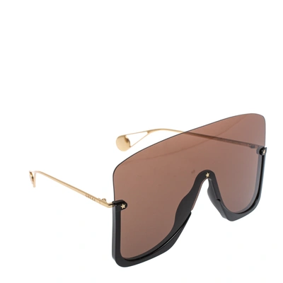 Pre-owned Gucci Black & Gold /brown Gg0540s Oversized Shield Sunglasses