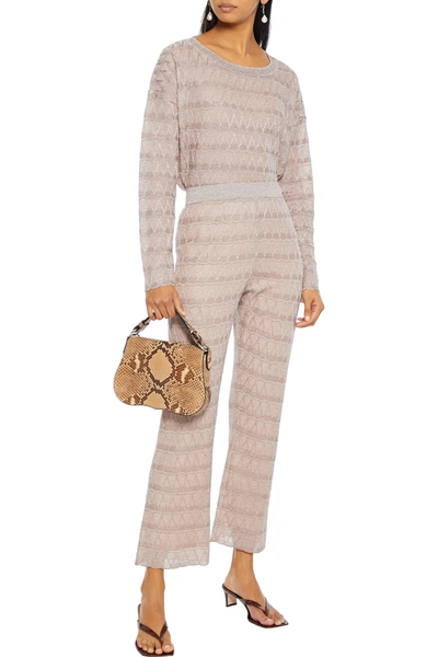 M Missoni Metallic Crochet-knit Bootcut Trousers In Blush