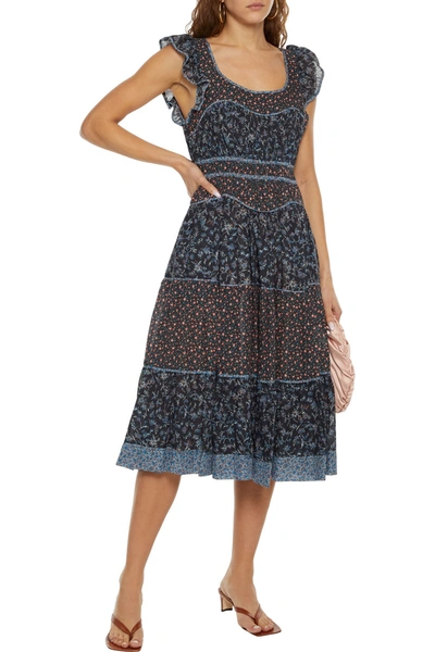 Ulla Johnson Odelia Ruffle-trimmed Floral-print Cotton-blend Midi Dress In Navy