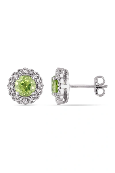 Delmar Sterling Silver Round Cut Peridot & Pave Diamond Accented Halo Stud Earrings In Green