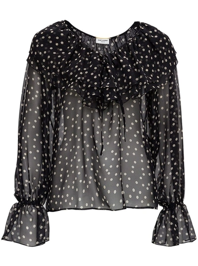 Saint Laurent Polka Dot Silk Shirt With Ruffle Detail In Black,white