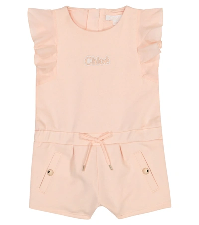 Chloé Babies' Pink Cotton Romper With Ruffles Detail And Logo