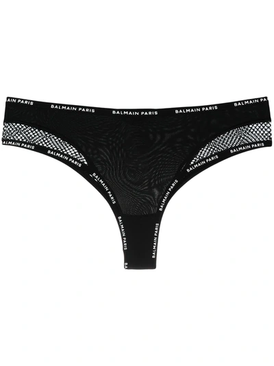 Balmain Mesh Logo-waistband Thong In Black