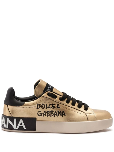 Dolce & Gabbana Foiled Calfskin Portofino Trainers With Lettering In Gold