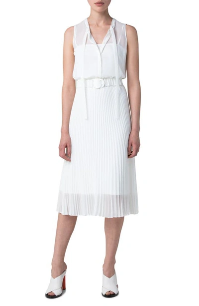 Akris Punto Belted Plisse A-line Midi Dress In White