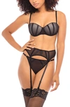 Oh La La Cheri Women's Mesh Bra Set With Elastic Strap Details And Contrasting Molded Cups And Matching Garterbelt In Black/ Nude