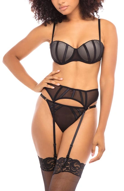 Oh La La Cheri Women's Mesh Bra Set With Elastic Strap Details And Contrasting Molded Cups And Matching Garterbelt  In Black
