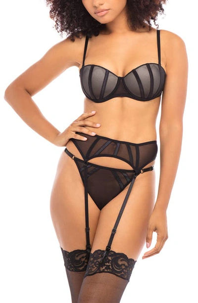 Oh La La Cheri Women's Mesh Bra Set With Elastic Strap Details And Contrasting Molded Cups And Matching Garterbelt In Black