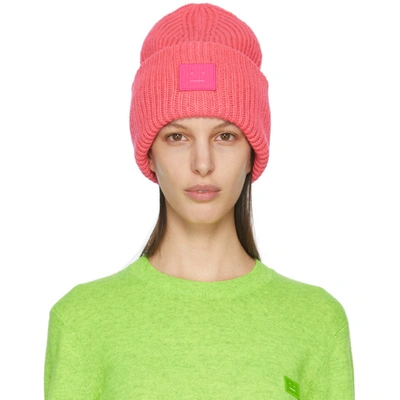 Acne Studios Ribbed-knit Logo-patch Beanie In Neon Pink