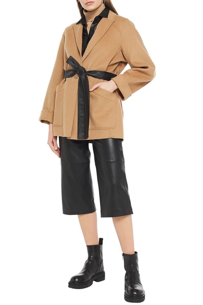 Maje Belted Wool-blend Brushed-felt Coat In Camel