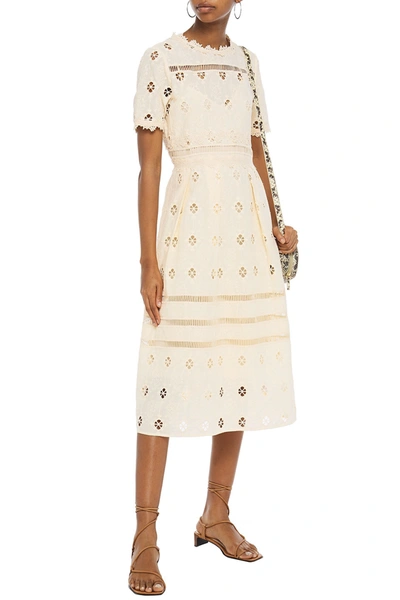 Maje Roselli Pleated Broderie Anglaise Cotton Midi Dress In Ecru