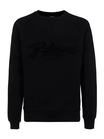 Balmain Cotton Sweatshirt With Embossed Logo In Black