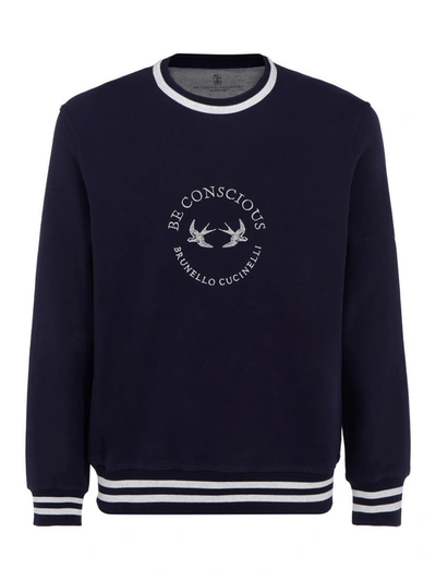 Brunello Cucinelli Techno Cotton French Terry Sweatshirt With Embroidered And Striped Details In Blue