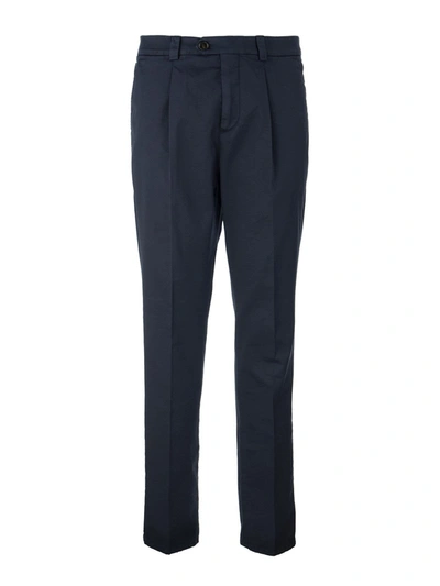 Brunello Cucinelli Garment-dyed Leisure Fit Trousers In American Pima Comfort Cotton With Pleats In Navy Blue