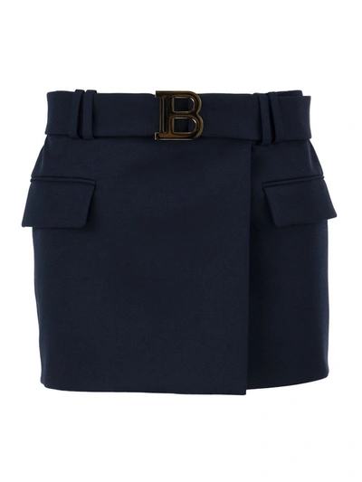 Balmain B-buckle Wrap-front Wool Mini-skirt In Black