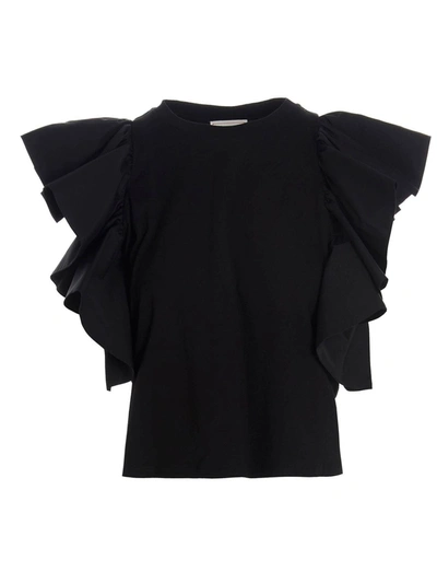 Alexander Mcqueen Cotton Jersey T-shirt W/ruffled Sleeves In Black