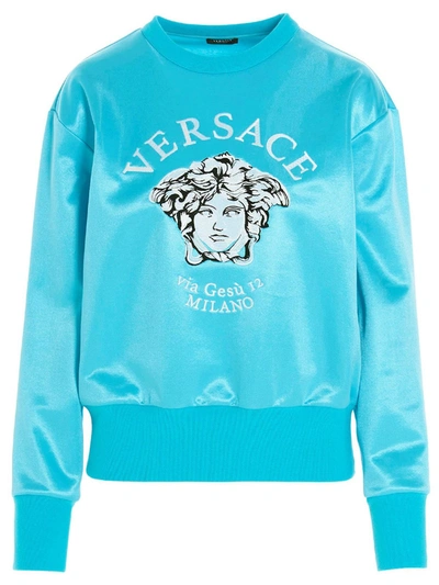 Versace Light Blue Embroidered Medusa Crew Neck Sweatshirt