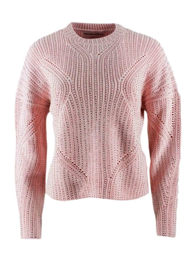 Ermanno Scervino Long-sleeved Crew Neck Sweater In Cotton With Crystals In Pink