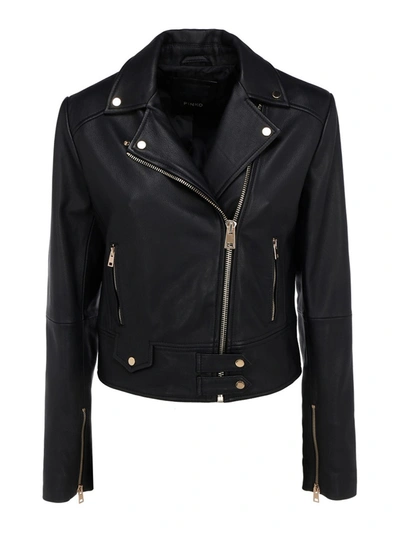 Pinko Logo-embossed Cropped Leather Jacket In Black
