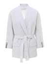 Brunello Cucinelli Belted Pinstriped Cotton And Linen-blend Blazer In White