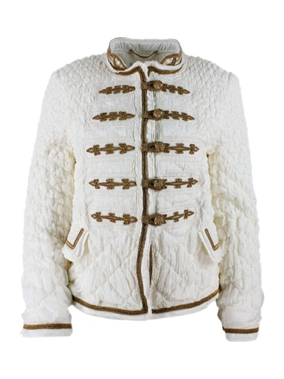 Ermanno Scervino Light Long-sleeved Quilted Jacket With Frogs And Inserts In Gold Color In White