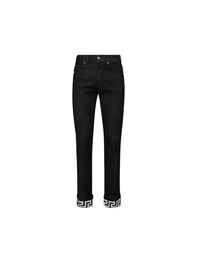 Versace Cotton Denim Jeans W/greca Detail In Black